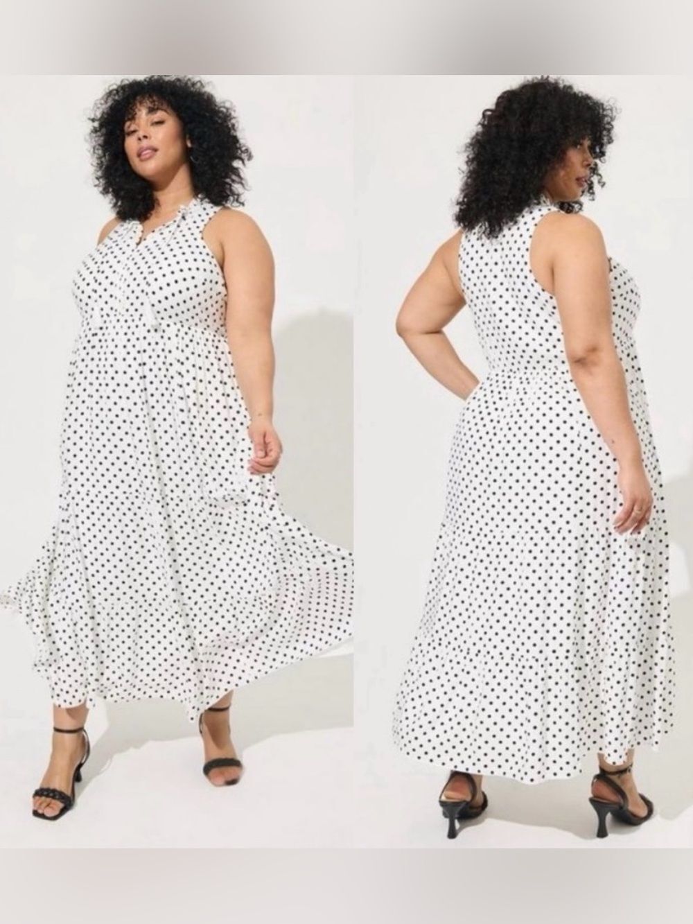 Torrid Maxi Dress 3X Plus White Black Polka Dot Woven Tiered 100% Rayon Pockets